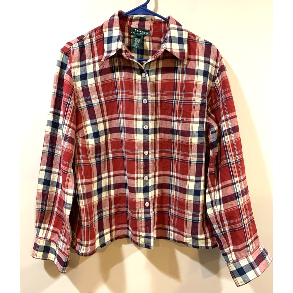 Ralph Lauren Shirt Womens 1X Red Navy Plaid 100% Linen Roll Tab Long Sleeve Crop